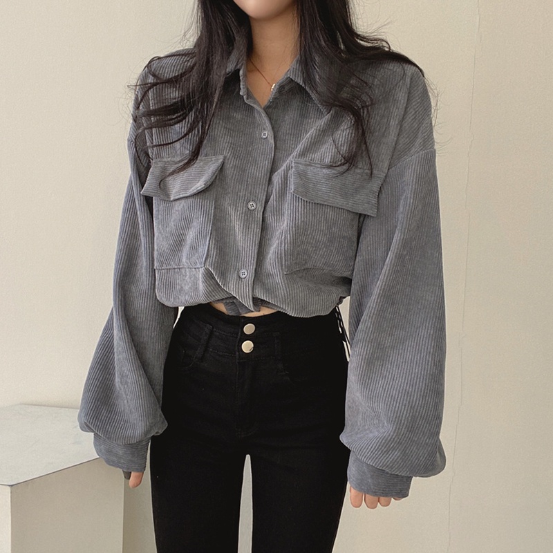 IELGY  Áo Khoác Nhung Kẻ Dáng Rộng Tay Dài Phong Cách retro Dành Cho Nữ