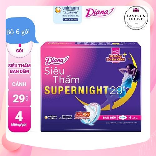 Bộ 6 gói băng vệ sinh Diana siêu thấm supernight 29cm mẫu mới 4miếng gói,băng vệ sinh diana ban đêm 29cm 2 gói 4 miếng