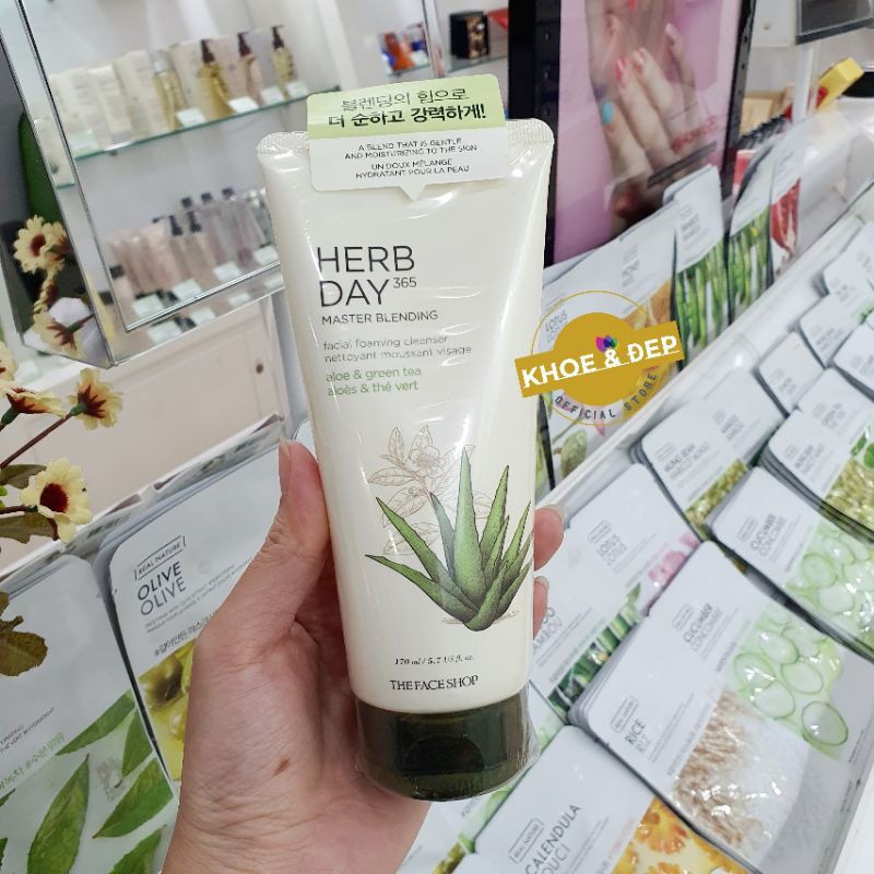 Sữa Rửa Mặt THEFACESHOP HERB DAY 365  FACIAL FOAMING CLEANSER ALOE & GREEN TEA 170ml, Nha đam và Trà xanh