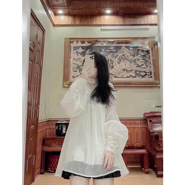 Áo sơ mi nữ kiểu tiểu thư cổ ngọc vải tơ voan 2 lớp kiểu hàn quốc