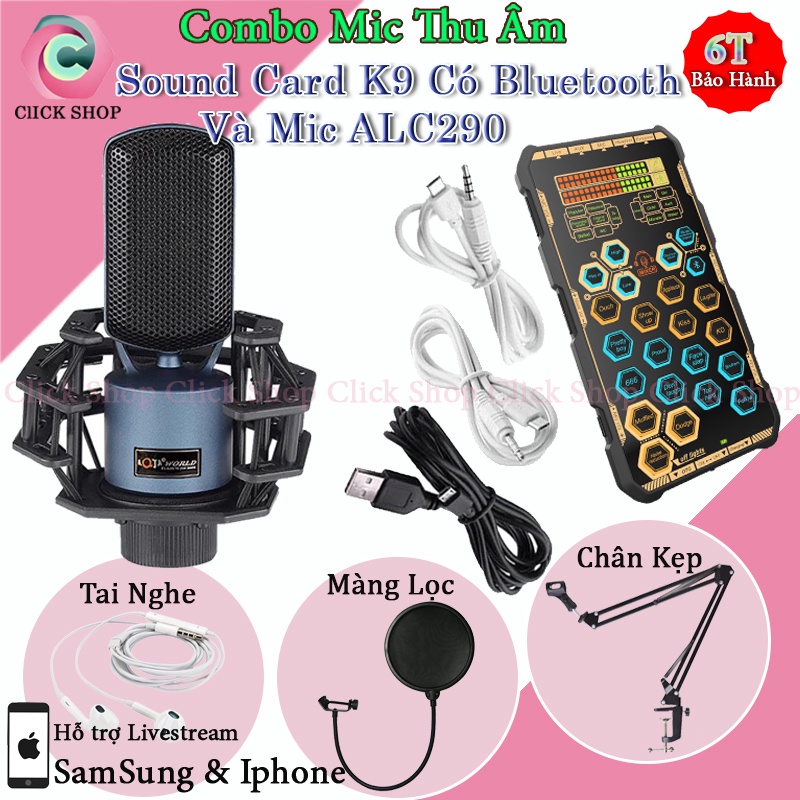Bộ Mic Thu Âm Livestream ALC290 Và Sound Card k9 Có Autotune tích pin bluetooth đi kèm chân kẹp màng lọc tai nghe