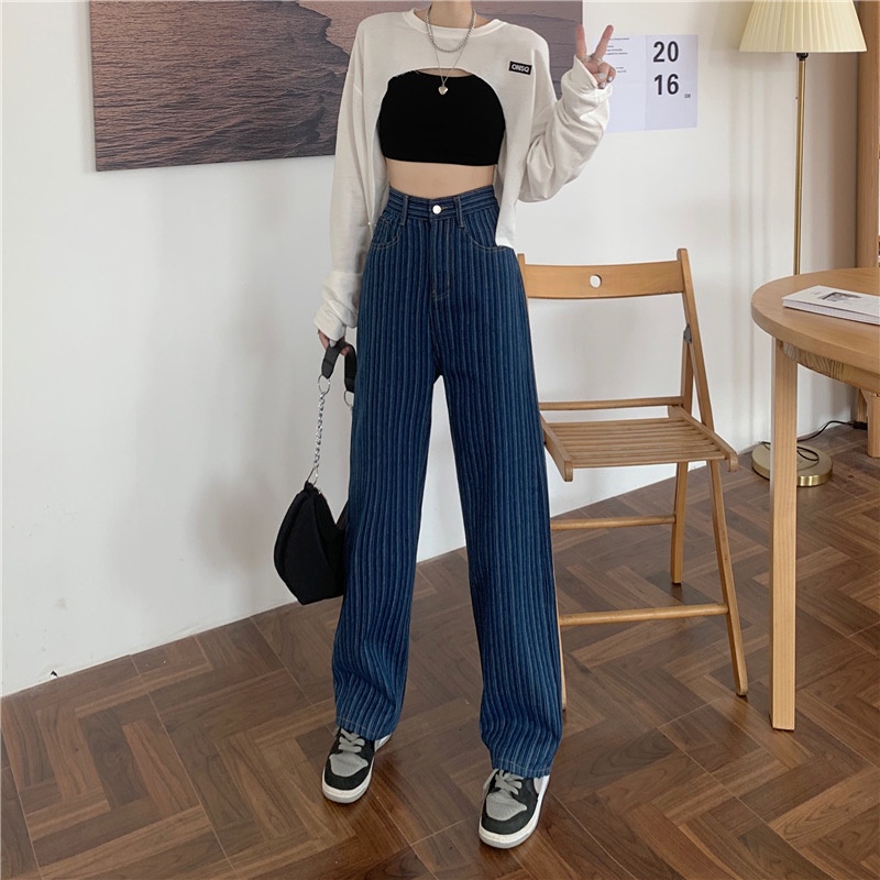 Quần jean nữ ống rộng lưng cao kẻ sọc phong cách Hàn Quốc