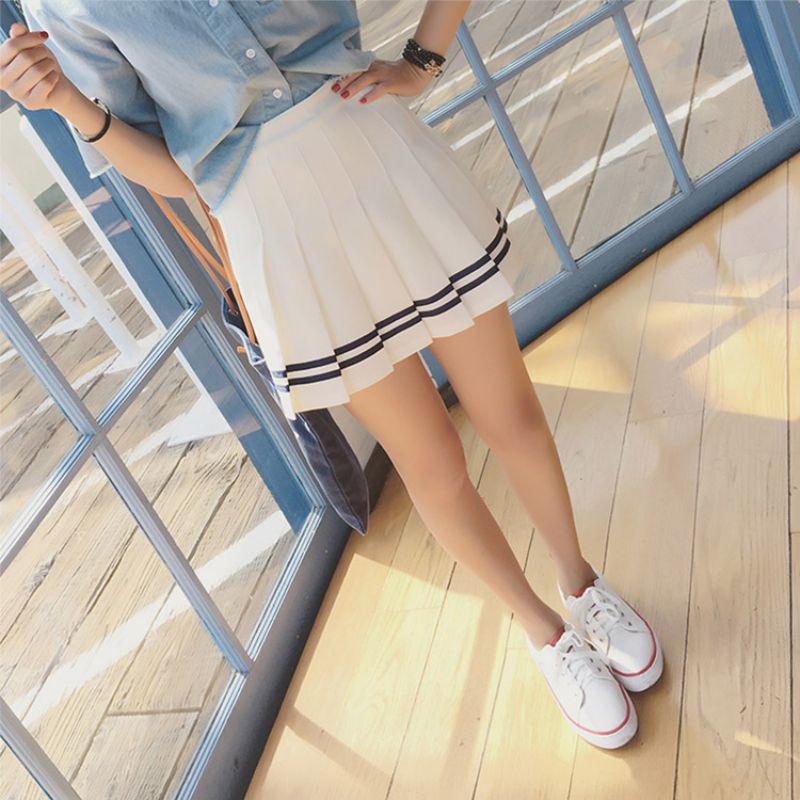 Chân váy xếp li lưng cao phối sọc xinh xắn trẻ trung