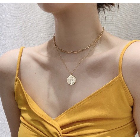 Dây chuyền xích mặt đồng xu Hy Lạp titan - vòng cổ xích 2 tầng choker necklace cá tính trang sức  - Lolotica