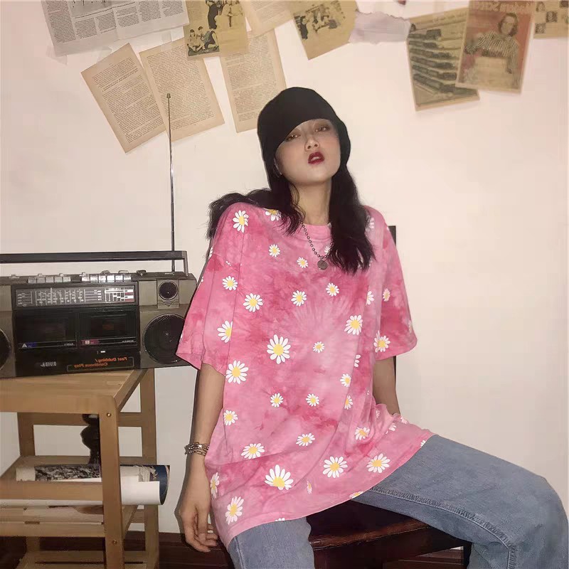 ÁO THUN LOANG HOA CÚC OVERSIZE - ÁO PHÔNG FORM THỤNG TAY LỠ DÁNG RỘNG LOANG MÀU -(Sắn)