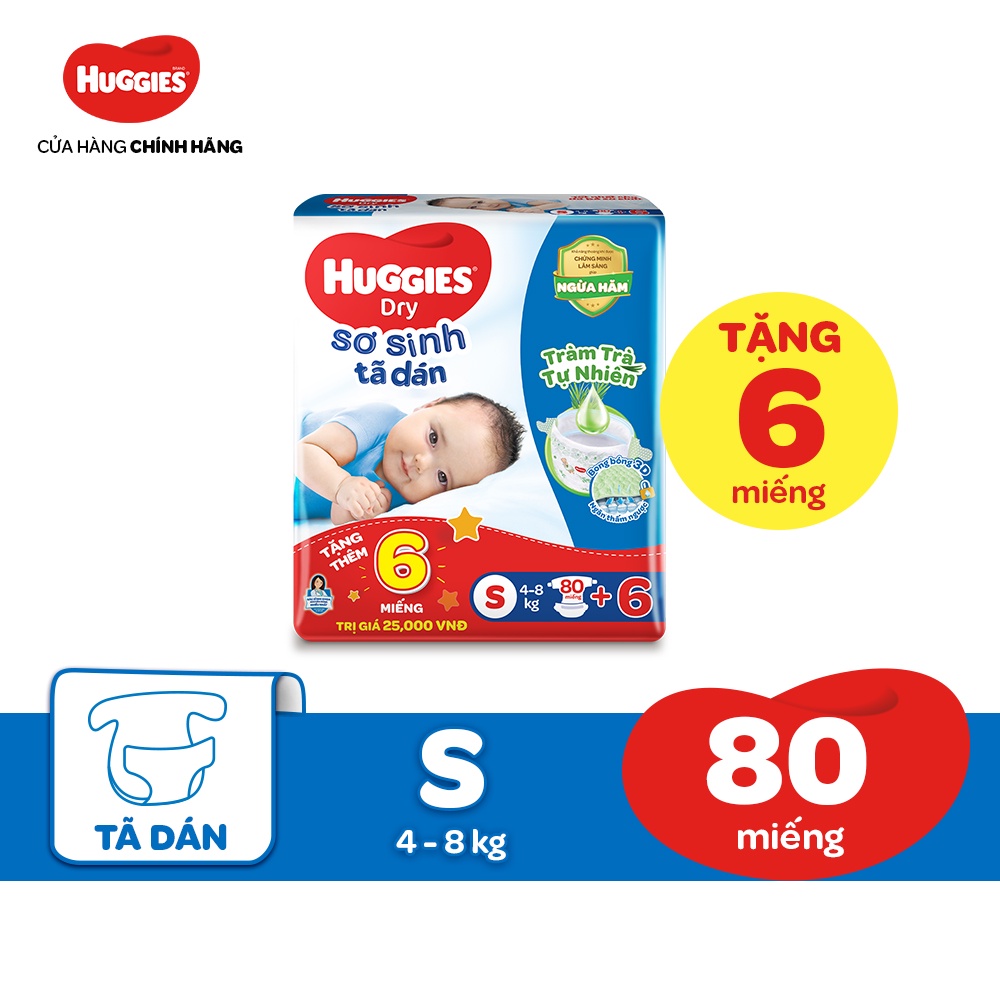 Tã dán sơ sinh Huggies Dry S 80 miếng + tặng 6 miếng Chính Hãng