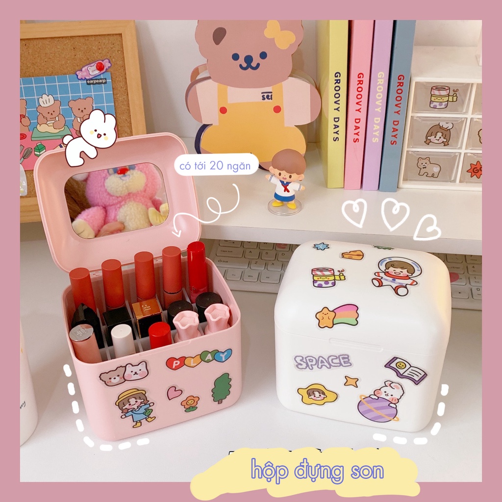 Hộp Đựng Son Để Bàn Lipstick Box Kèm Gương (Kèm sticker)