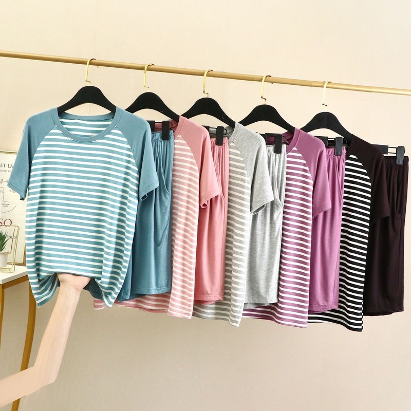 Bộ Đồ Ngủ Áo Thun Cotton Tay Ngắn Cổ Tròn Phối Quần Short Dáng Rộng Thoải Mái Thời Trang Mùa Hè Cho Nữ