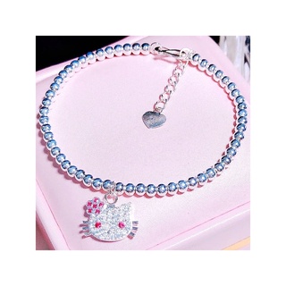 Vòng tay bạc đẹp cho bé gái, lắc tay bi bạc treo kitty đính đá Minh Thoa Silver