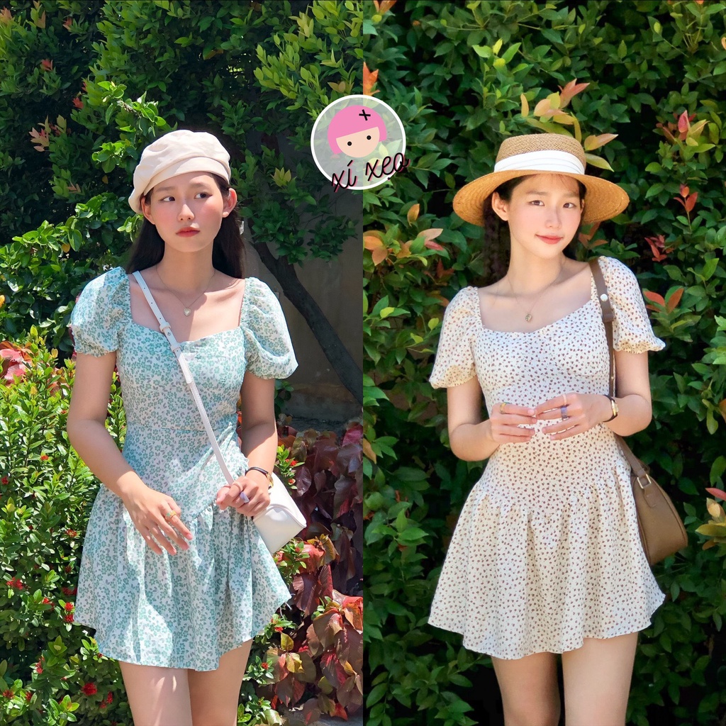 Váy hoa nhí cúp ngực cổ vuông tay phồng dáng xoè ngắn tiểu thư vintage xixeoshop - v110