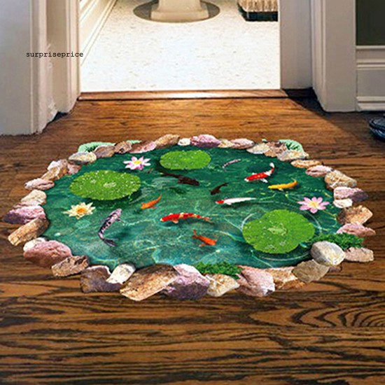 Miếng dán sàn nhà hình cá và hoa sen 3D chống thấm nước dễ lột ra