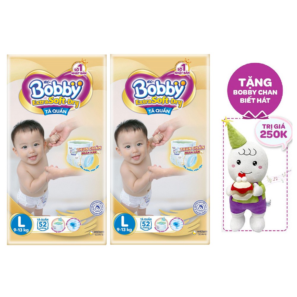 [Tặng 1 Bobby Chan phát nhạc] Combo 2 Tã Quần Cao Cấp Bobby Extra Soft Dry - Thun Chân Ngăn Hằn L52