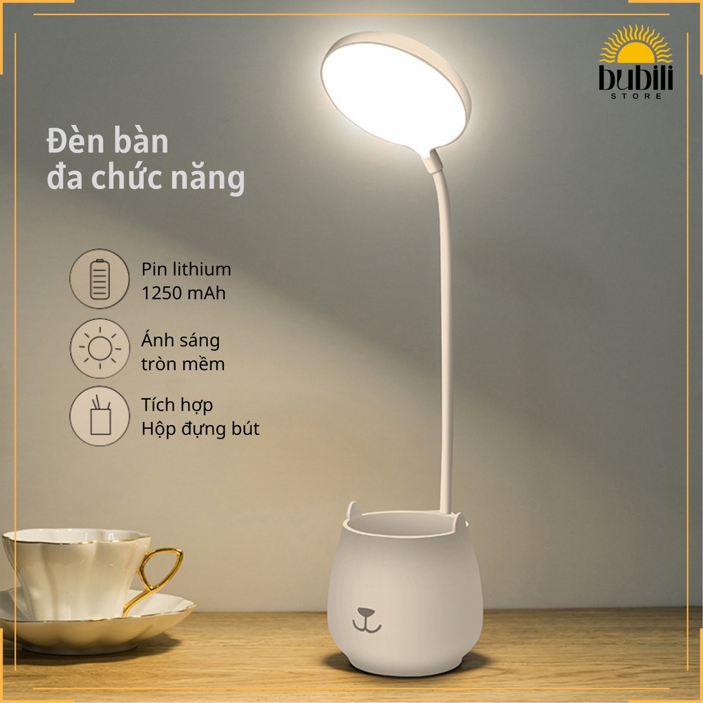 Đèn học để bàn Đựng bút Ánh sáng 3 màu Làm mờ vô cấp Hình tròn