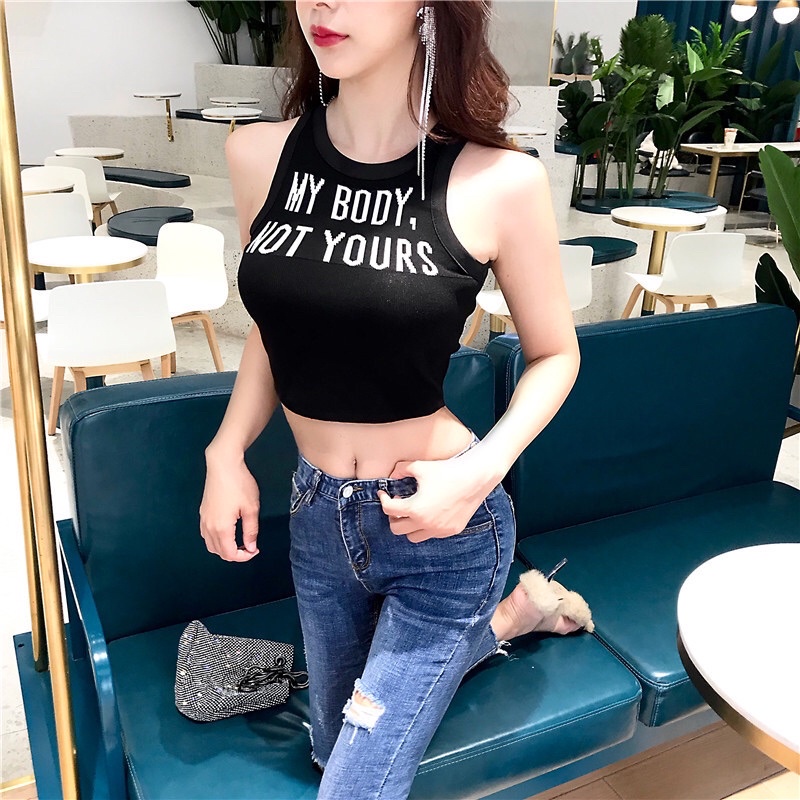 Áo kiểu sát nách dáng ôm, Áo thun ba lỗ in chữ form ngắn A9102