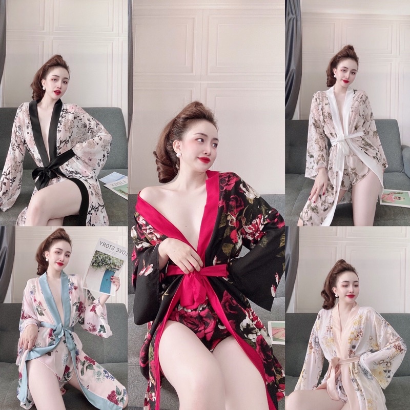 Áo choàng ngủ 💋FREE SHIP 💋 Áo choàng chifon  phối satin kèm quần 🍀 | BigBuy360 - bigbuy360.vn