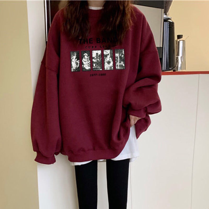 Áo Sweater From Rộng AVALA Dài Tay In Hình The Band Màu Đỏ Siêu Chất Ulzzang