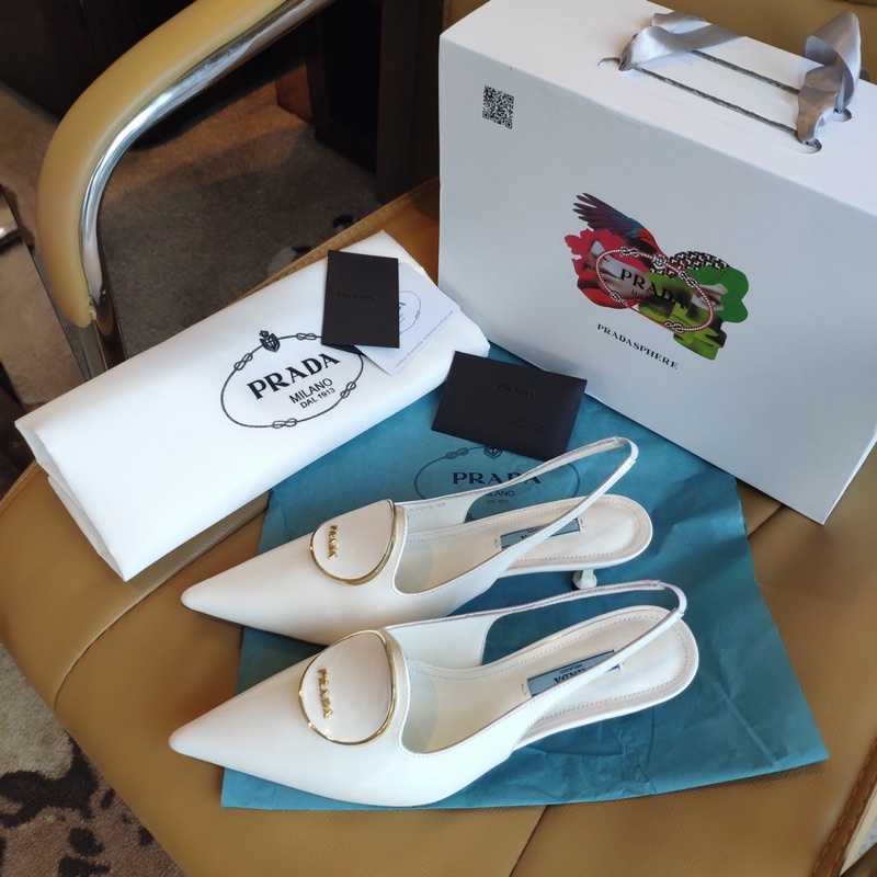 Giày cao gót mũi nhọn có dây gót cao 5.5cm da thật cao cấp thương hiệu Prada