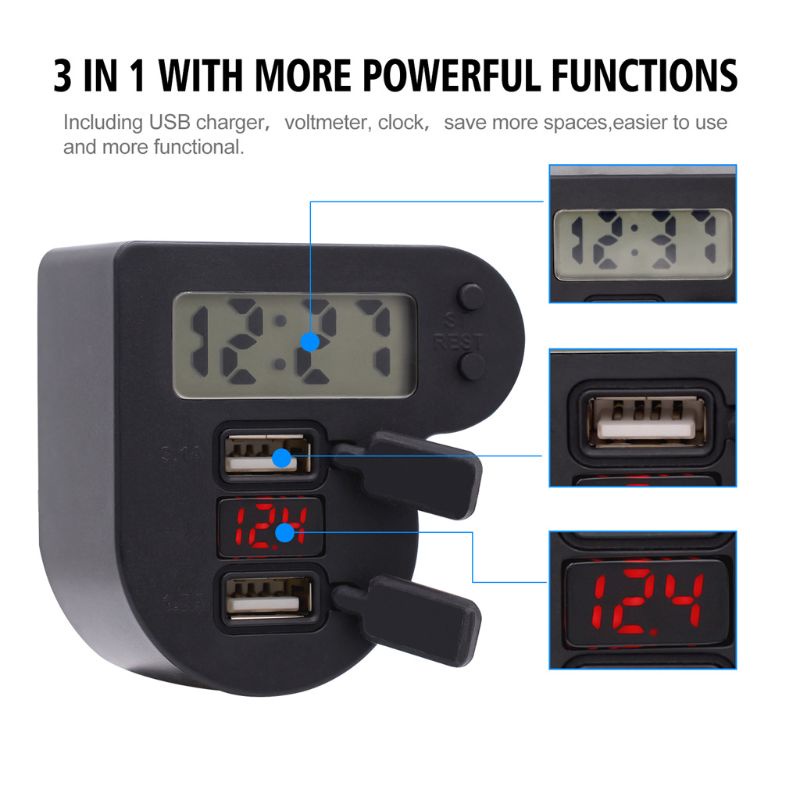 Bộ Sạc USB Kép 12V 24V Chống Nước Có Đồng Hồ LED Hiển Thị Thời Gian Cho Điện Thoại Di Động