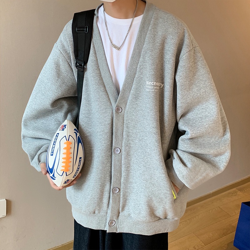 Áo Khoác Cardigan Cổ Chữ V Dáng Rộng Màu Trơn Thời Trang Cho Nam Giới Size M-2XL