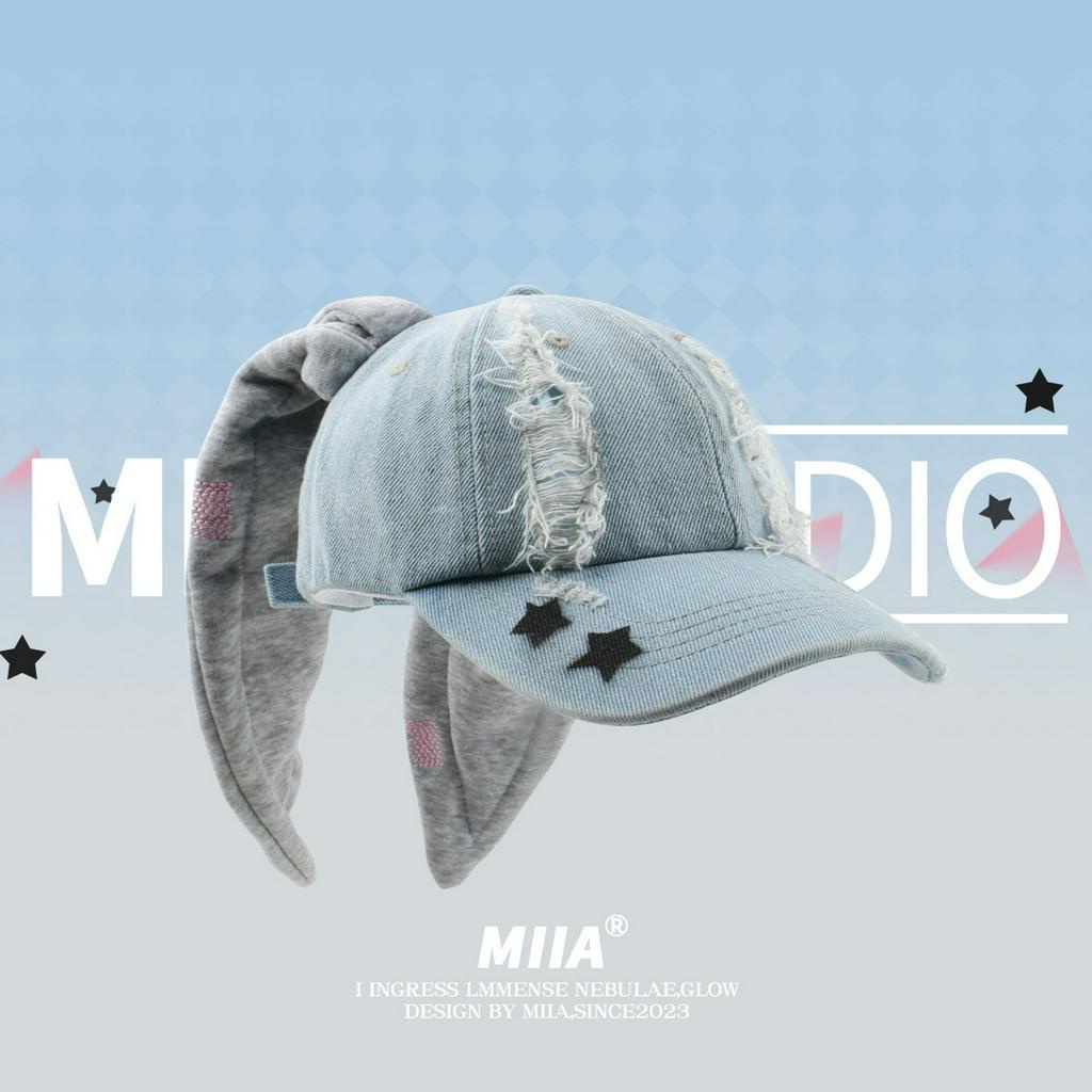 Mũ Bóng Chày Denim Rách Tai Thỏ Phong Cách Hip Hop Mới Dễ Phối Đồ @ -