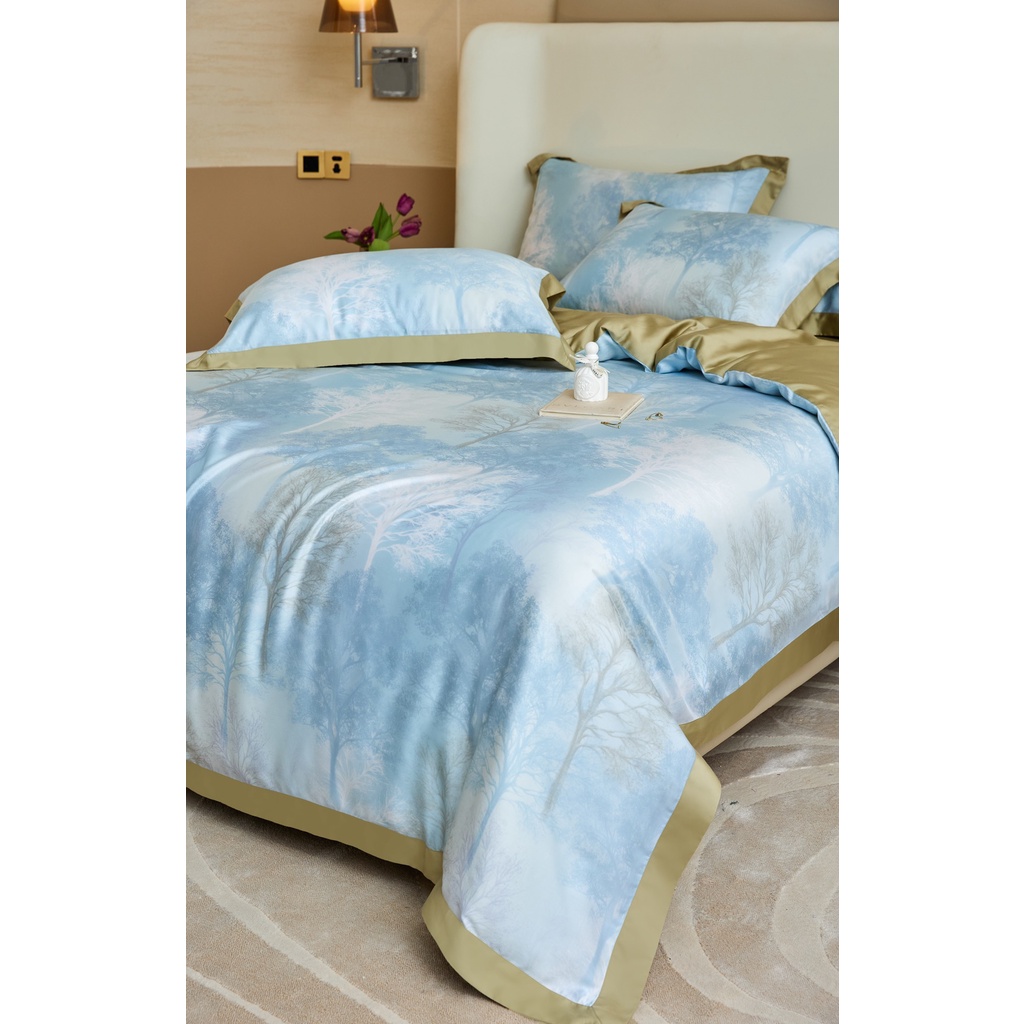 Bộ chăn ga gối cao cấp 100%Tencel 100s Họa tiết Rừng Norway in 3D độc lạ, Siêu mềm mát mịn Hè 2022