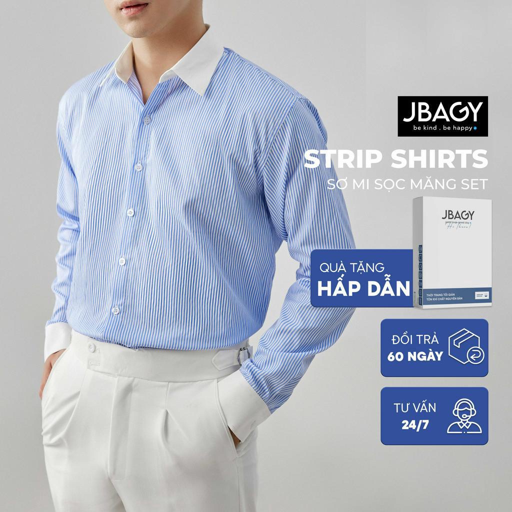 Áo sơ mi nam kẻ sọc xanh phối măng set cổ trắng chất liệu oxford cotton thoáng mát thanh lịch thương hiệu JBAGY - JS0705