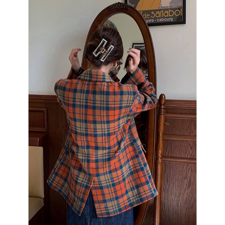 Áo Khoác Blazer Kẻ Sọc Phong Cách Retro Màu Siêu Tây Cho Nữ