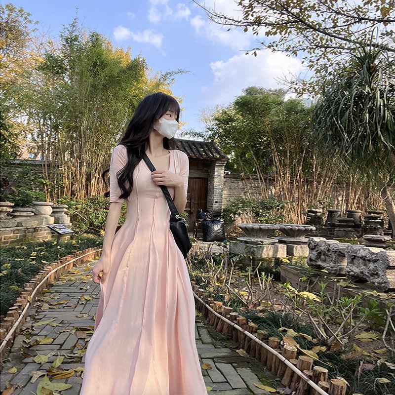 Đầm Lửng Dáng Ôm Màu Trơn Kiểu Hàn Quốc Thời Trang Xuân Hè Cho Nữ