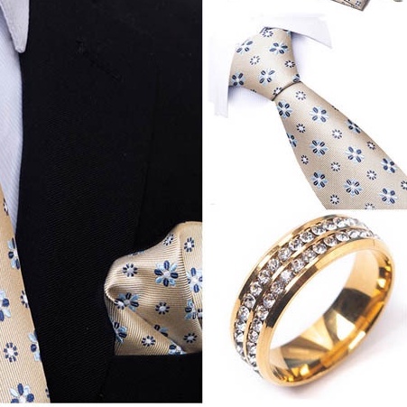 Bộ Cà vạt 4 món gồm Cavat 8cm, khăn cài túi, Măng-set, Nhẫn tròn phụ kiện, Cravat chú rể, Calavat công sở CBC-8241