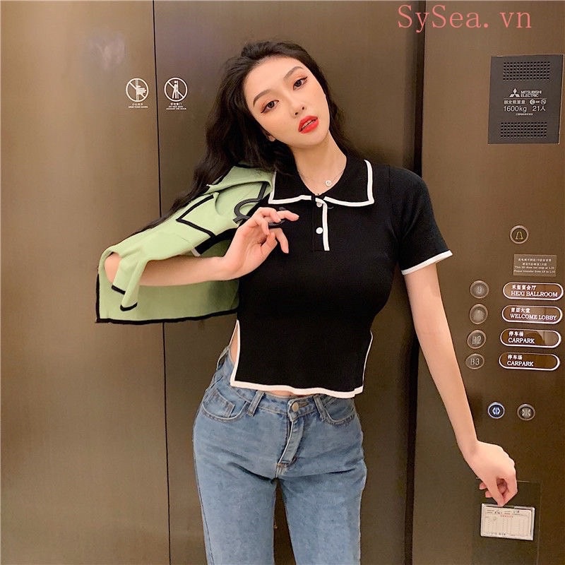 Áo thun nữ ,áo croptop polo viền xẻ tà-A17