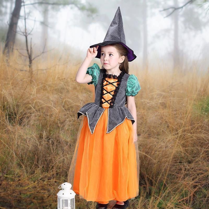 Đầm Hóa Trang Halloween Nhân Vật Phù Thủy Bí Ngô Cỡ 90-160 Cho Bé Gái