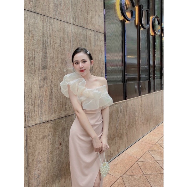 Đầm body xẻ đùi lệch vai phối kiếng bèo / Nude / Đầm đi dự tiệc sang trọng, dạ hội