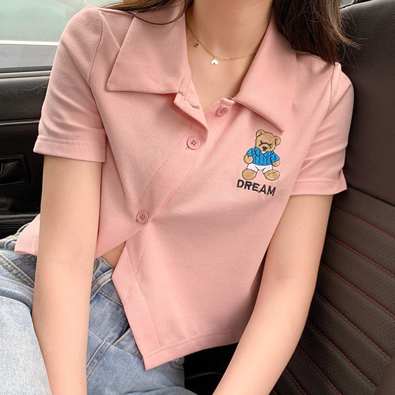 Áo Croptop Tay Ngắn Dáng Ôm Thêu Hình Gấu Thời Trang Mùa Hè Quyến Rũ Dành Cho Nữ