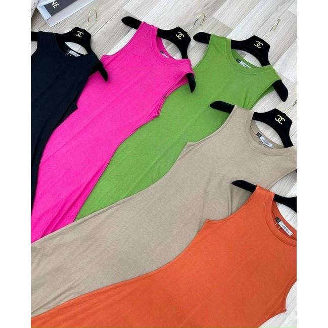 Váy maxi thun xòe sát nách, Đầm dáng dài cổ tròn co giãn VS1821 - NhiNhi Shop