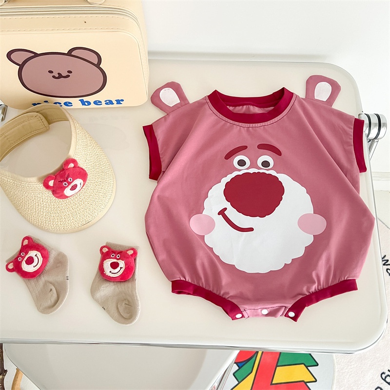 Áo Liền Quần Vải Cotton Tay Ngắn In Hoạt Hình Gấu Dễ Thương Cho Bé Sơ Sinh Từ 0-18 Tháng Tuổi