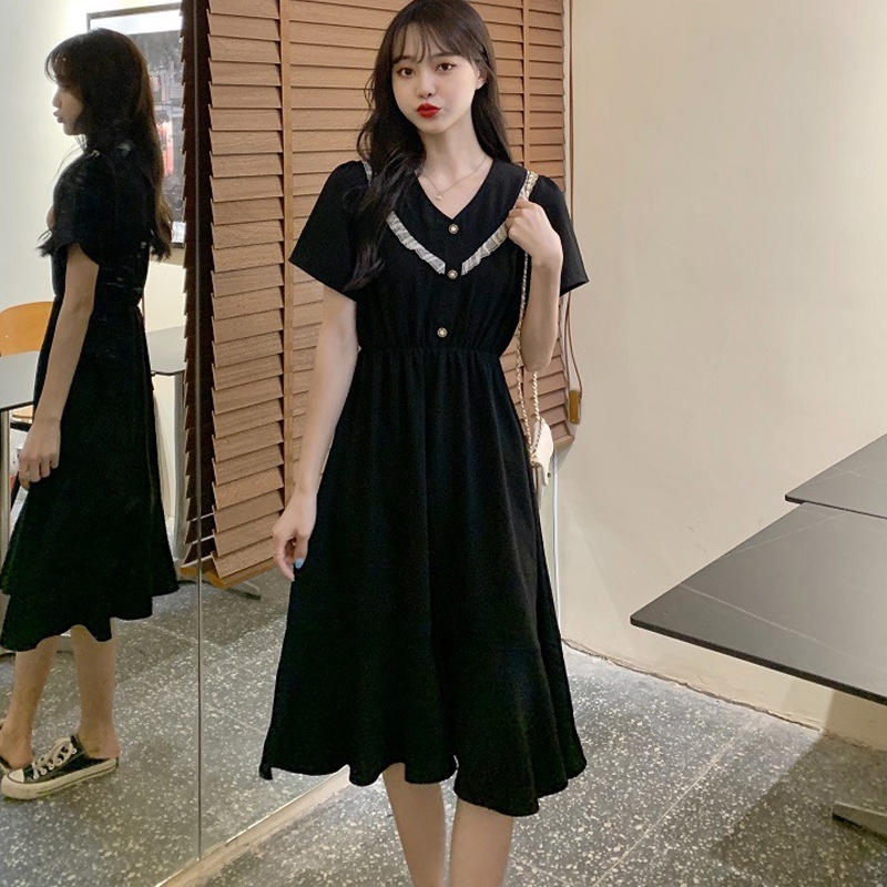 Đầm Dài Tay Ngắn Cổ Peter Pan Màu Đỏ Đen Thời Trang Mùa Hè 2023 Cho Nữ