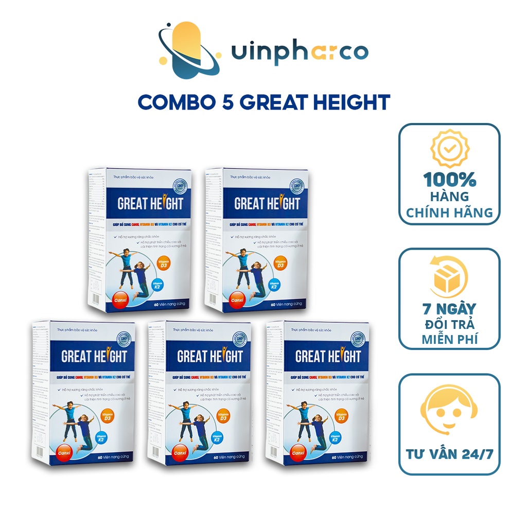 5 Hộp viên uống hỗ trợ tăng chiều cao cho trẻ GREAT HEIGHT - Hộp 60 viên x 5 Hộp