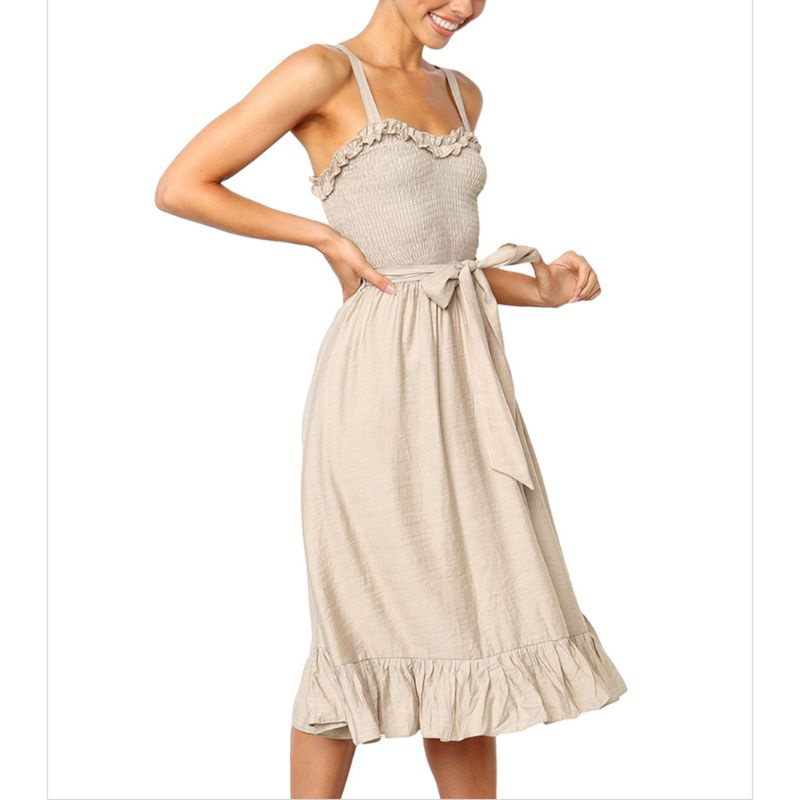 Xiangbao Đầm Xòe Dài Tới Gối Không Tay Xếp Ly Tầng Màu Trơn Cho Nữ Be