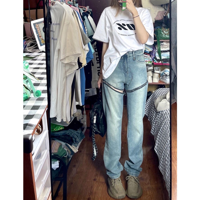 Quần Jean Ống Rộng Lưng Cao Tháo Rời Được Phong Cách Âu Mỹ Thời Trang Xuân Thu Cho Nữ Plus Size