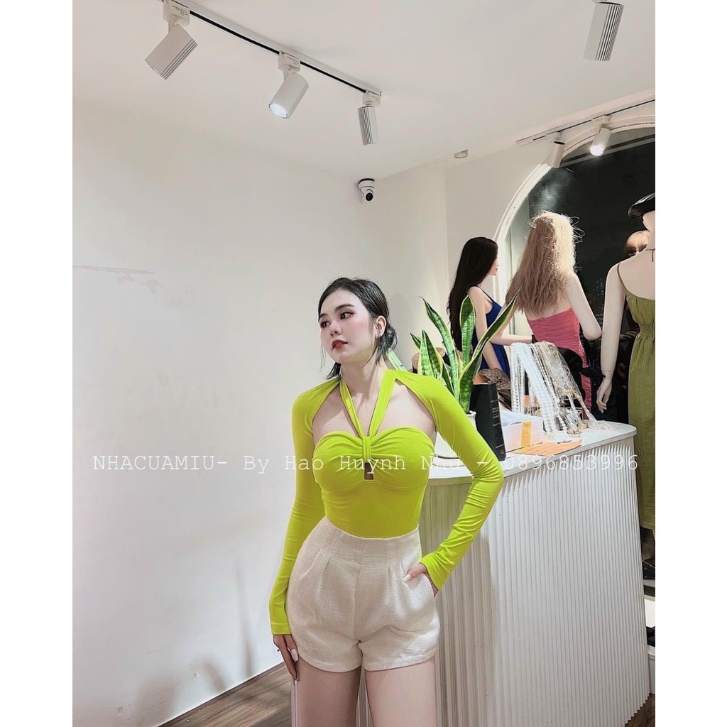 áo kiểu hở ngực cột dây đeo cổ hở ngực mới thun gân lna