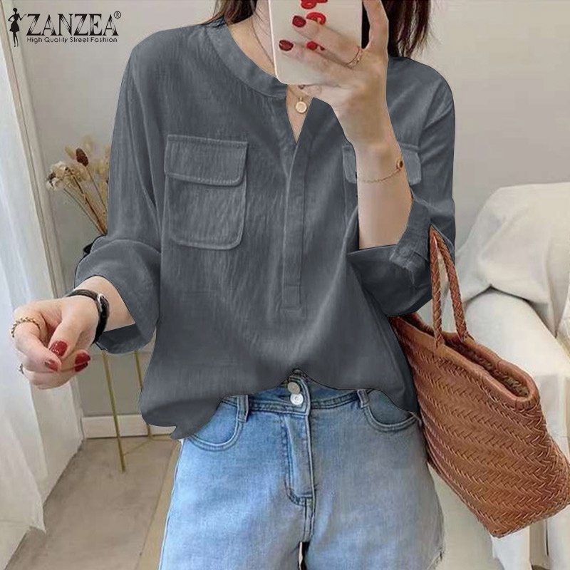 ZANZEA Áo Nữ Tay 3 / 4 Cổ Tròn Màu Trơn Phong Cách Vintage Thời Trang