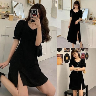 Đầm xẻ tà dáng ông màu đen phong cách Pháp thanh lịch cho nữ