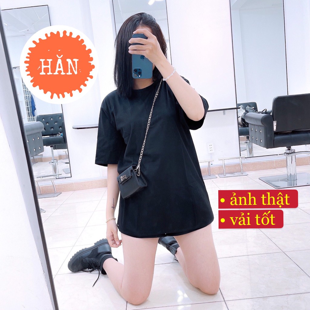 Áo thun đen nữ ❤️ Áo thun đen trơn Unisex dáng rộng tay lỡ. Chất cotton dày dặn