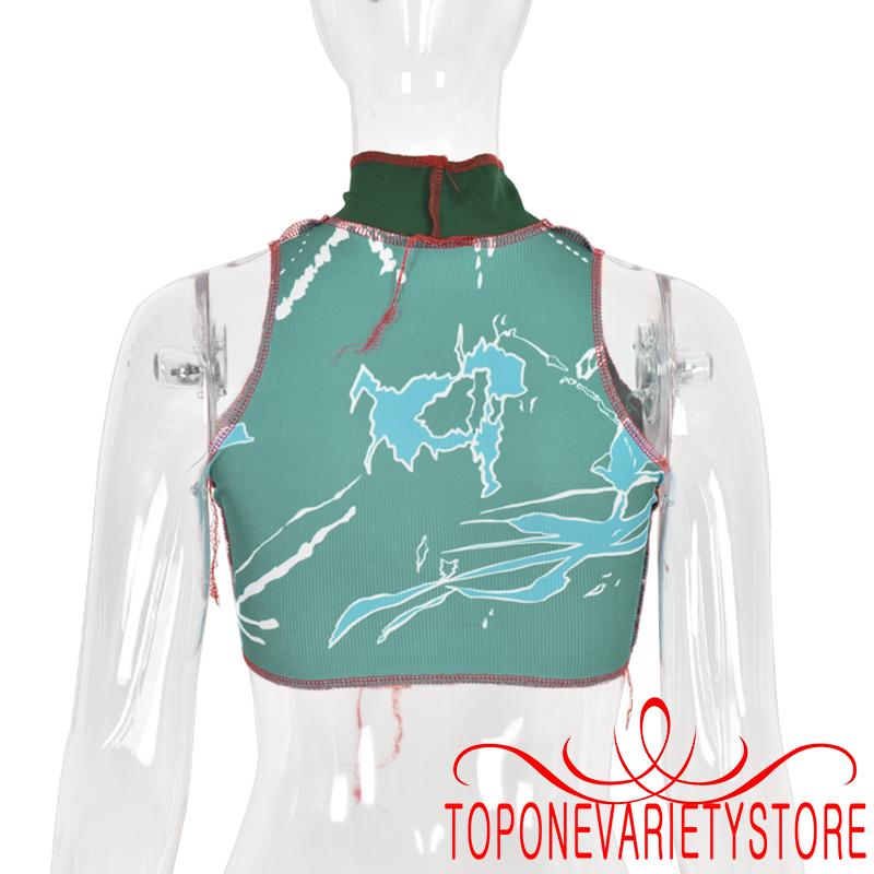 TOPQ-Women´s Cropped Sleeveless Top Patchwork Ripped Party High Stand Neck Knitting Ruffle Clothes | BigBuy360 - bigbuy360.vn