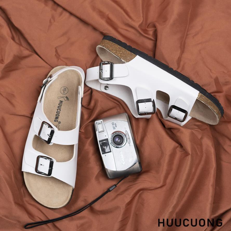 Giày Sandal nữ Huucuong 2 khóa trắng Unisex đế trấu