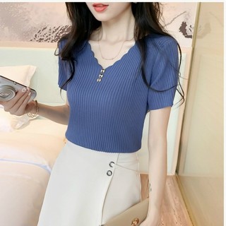 Thời Trang Nữ○▼Áo Dệt Kim Nữ Tay Ngắn Cổ Chữ V Dáng Rộng