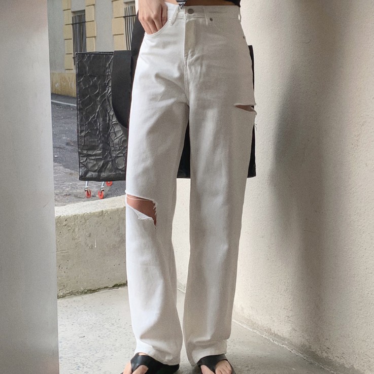 Quần Jean Nữ Lưng Cao Ống Rộng Rách Gối Thời Trang 43400