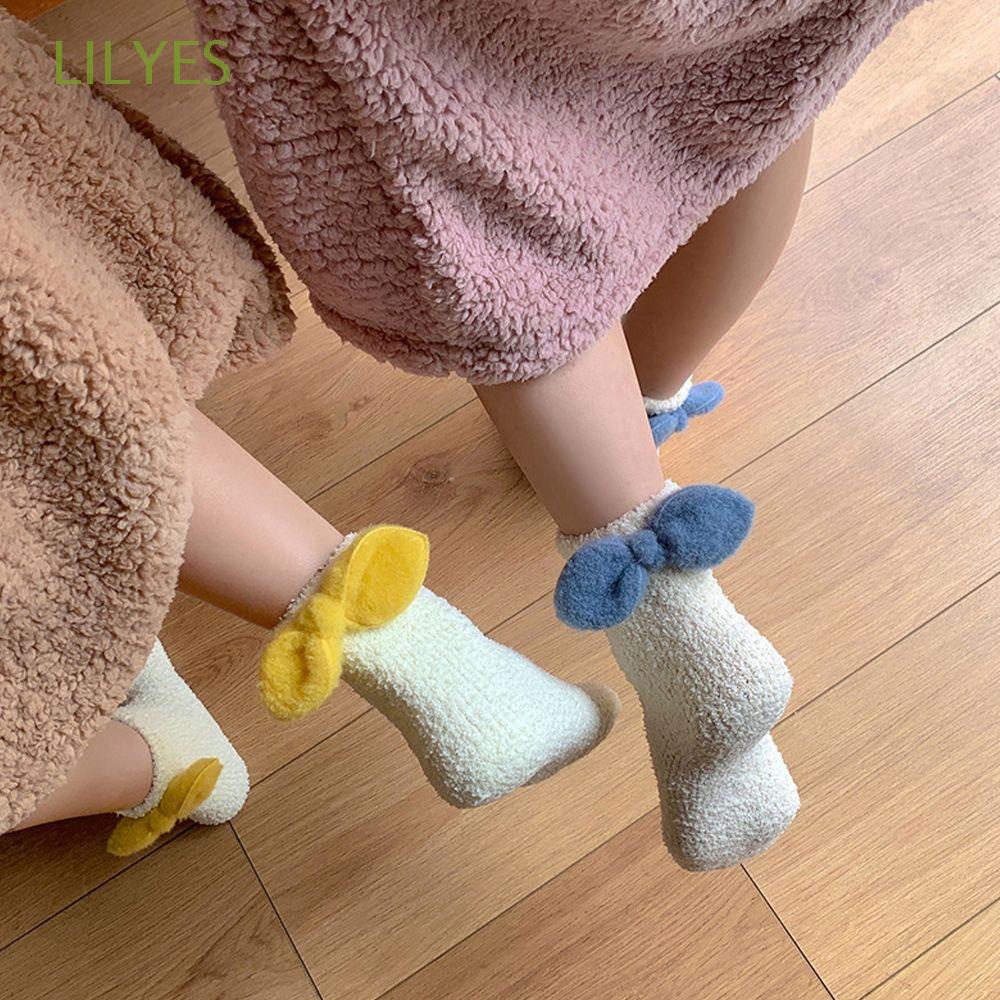 Tất lông cừu san hô dày màu trơn đính nơ nhiều màu dễ thương thời trang mùa đông dành cho nữ