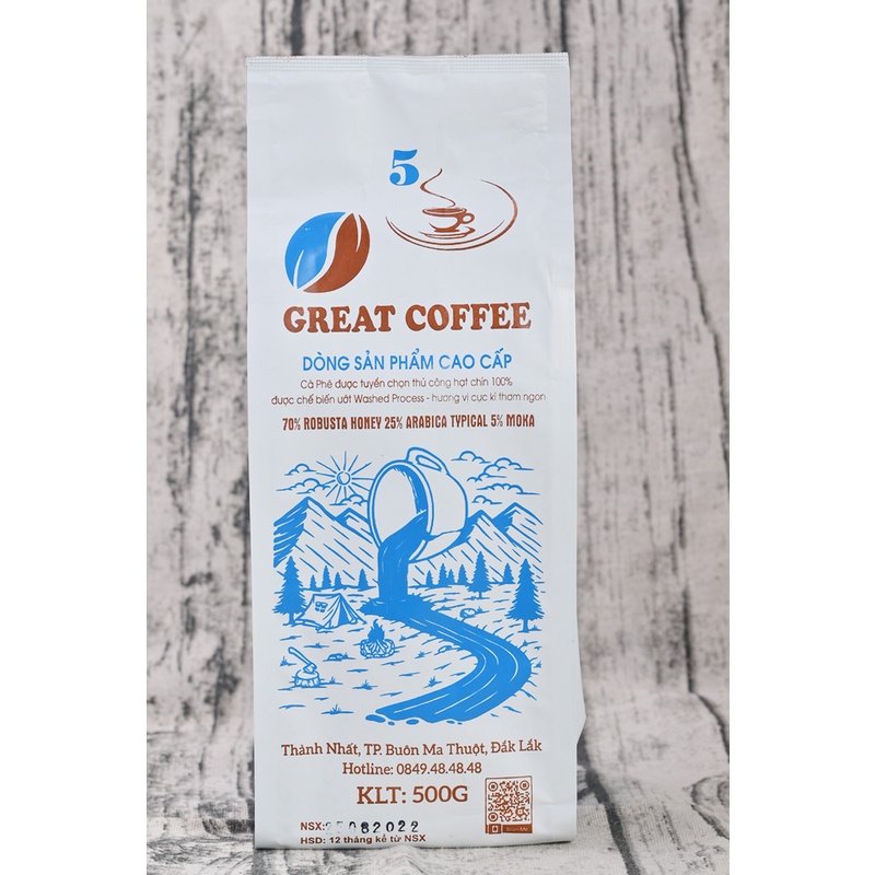 Cà phê rang xay nguyên chất GREAT COFFE,dòng mix 5 robusat honey,arbica typical ,moka,500g Cp05