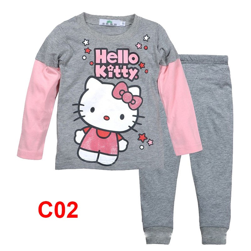 Bộ Đồ Ngủ 2 Món Áo Tay Dài + Quần Dài Vải Cotton In Hoạt Hình Hello Kitty Dễ Thương Cho Bé Gái
